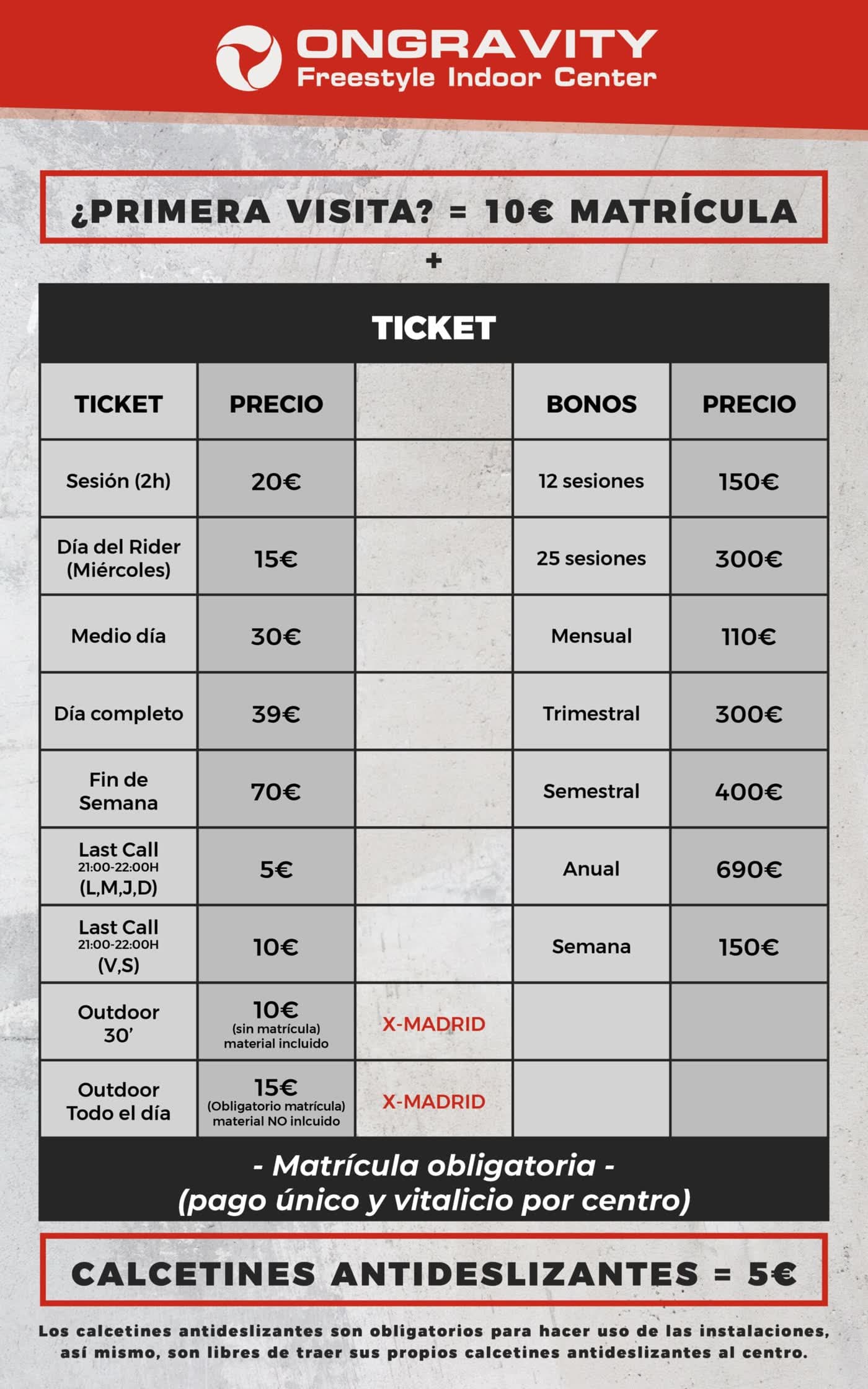 Tabla de tarifas Ongravity: tickets, bonos y notas de matrícula